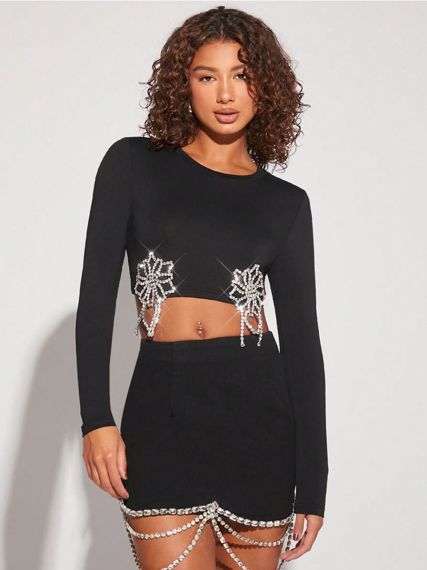 XAX Floral Rhinestone Fringe Crop Top
