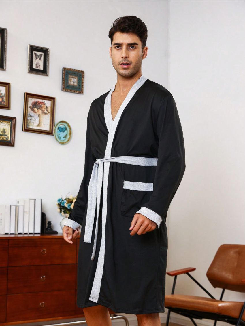 Men Contrast Trimmed Dual Pockets Belted Robe