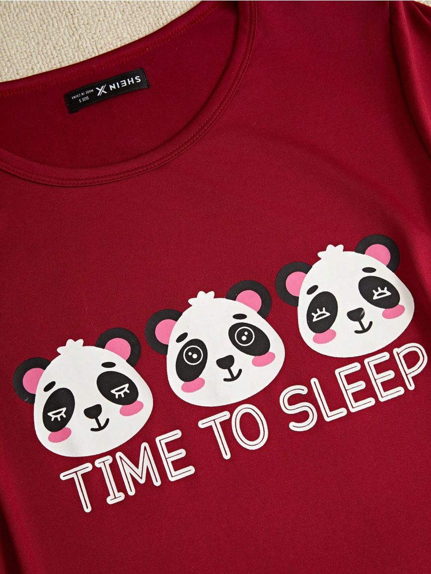Sil Medeiros Cartoon Panda Head & Slogan Print Pajama Top
