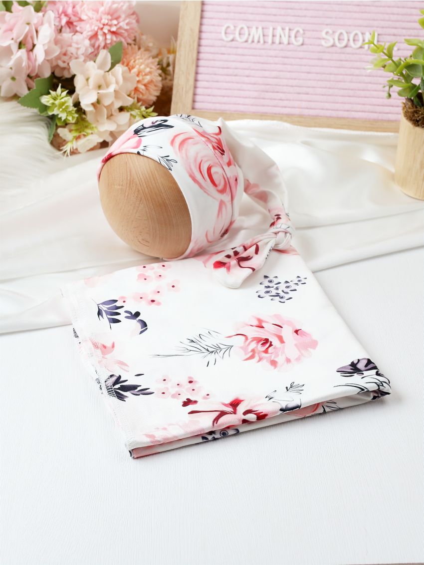 Newborn Photography Floral Print Blanket & Hat