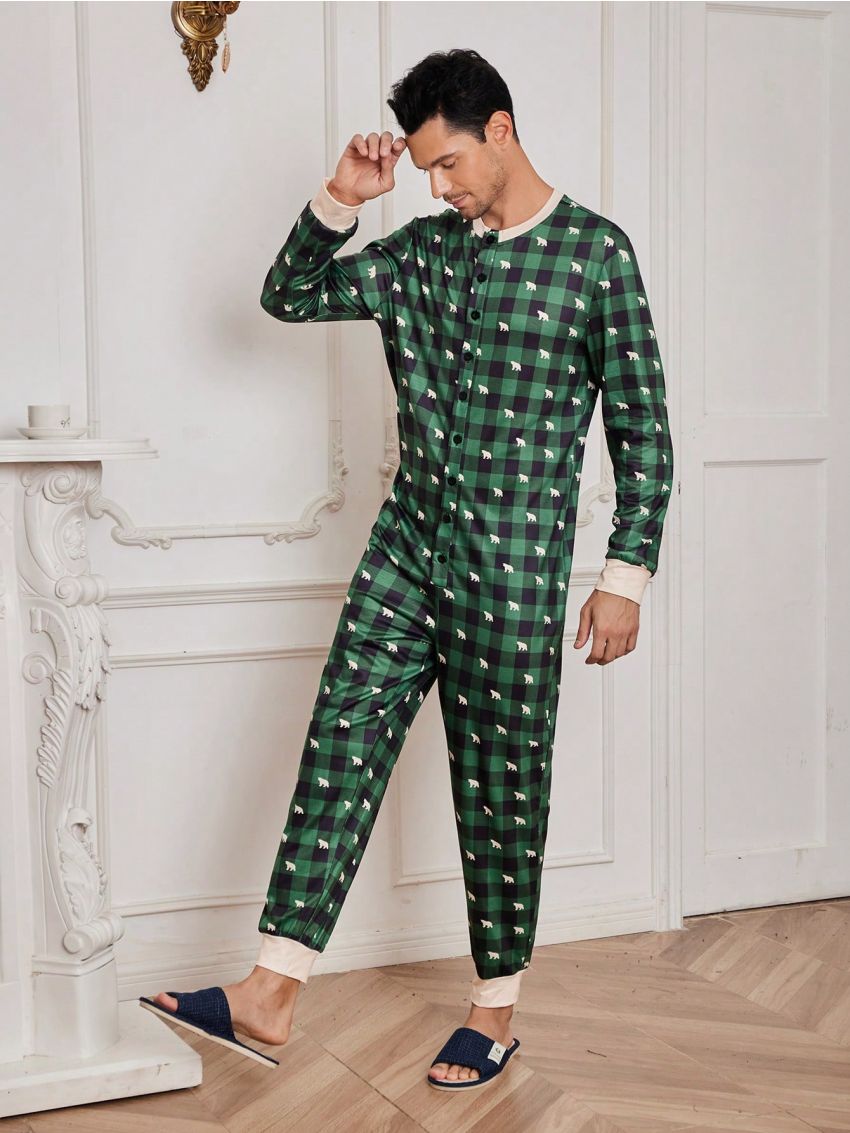 Men Gingham Print Button Up Lounge Set