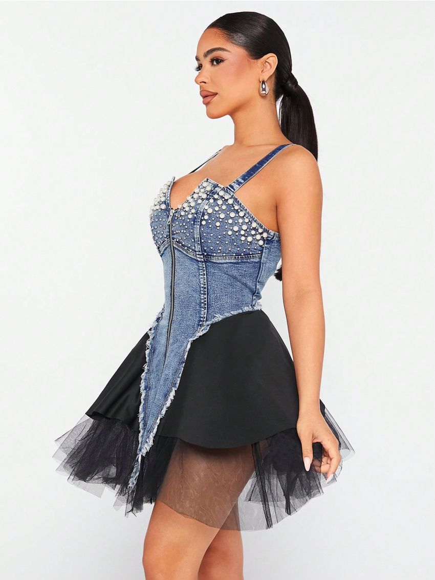 XAX Contrast Color Mesh Panel & Pearl Decorated Denim Cami Dress