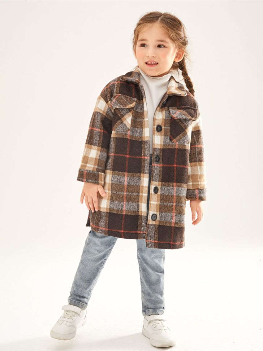 SHEIN Toddler Girls Plaid Print Flap Pocket Drop Shoulder Overcoat