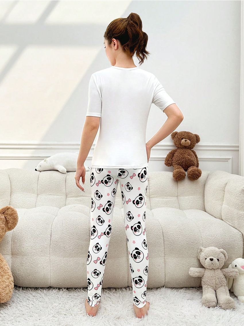 Teen Girls' Cute Panda & Letter Print Tight Homewear Set 2pcs