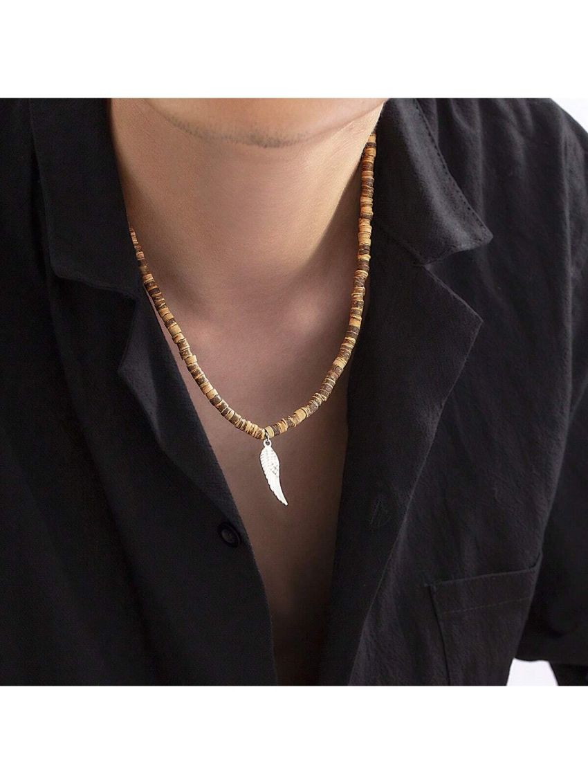 1pc Bohemian Style Necklace With Wood Bead And Feather Pendant For Men