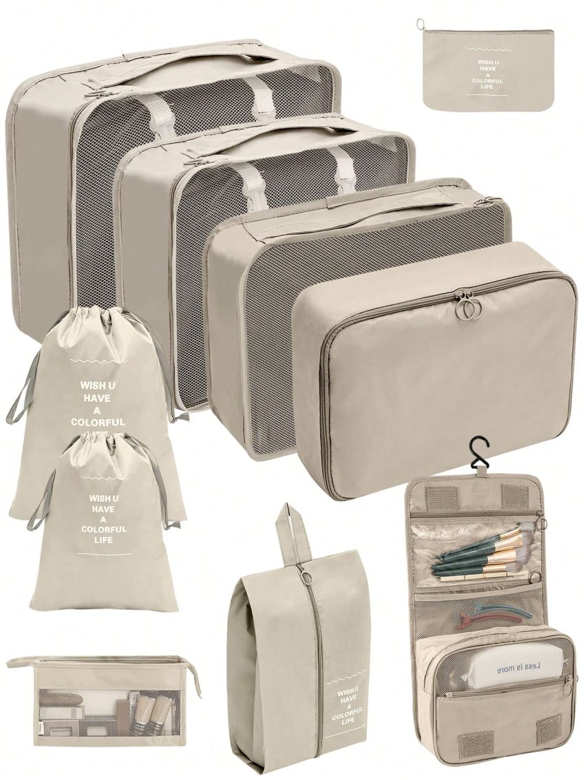 10pcs/set Polyester Travel Toiletry Bag, Modern Portable Makeup Organizer For Travel