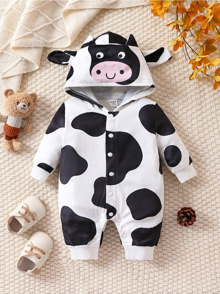 SHEIN Baby Boy Cow Print 3D Ear Design Button Front Hooded Jumpsuit