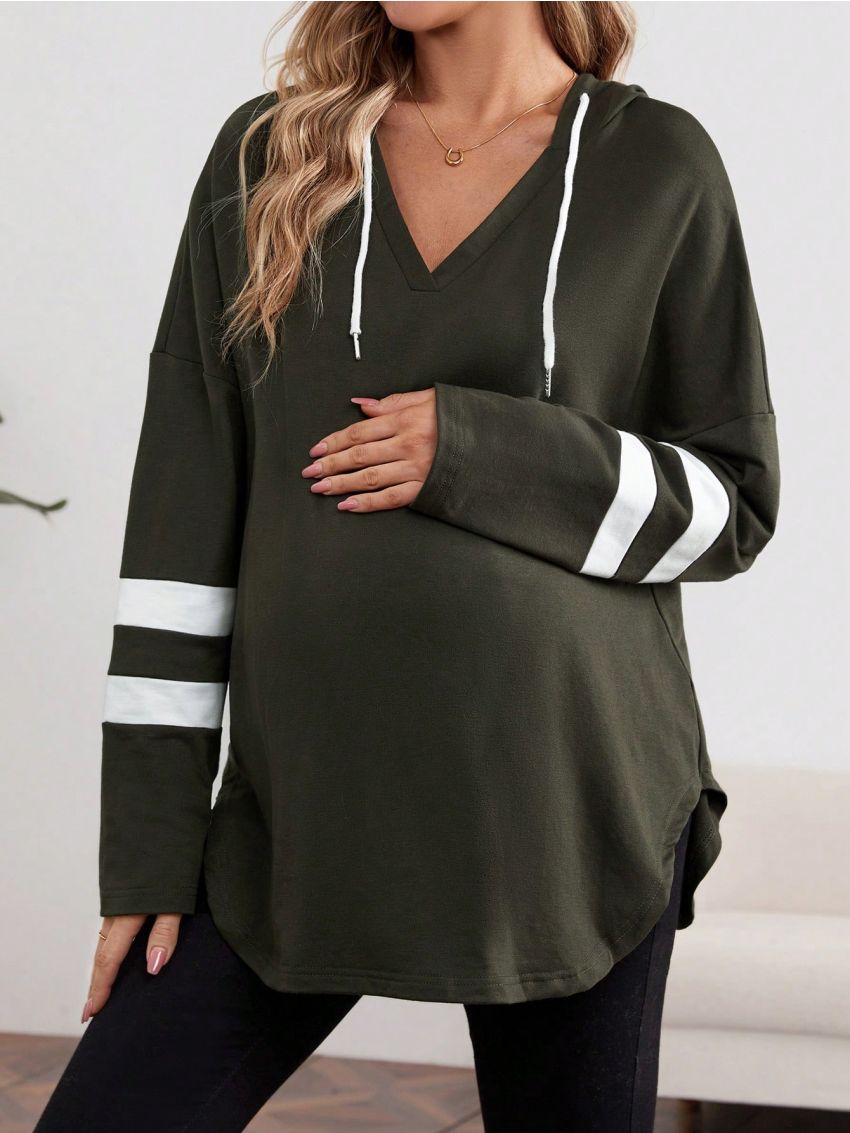 SHEIN Women's V-neck drawstring double stripe embellished long-sleeved T-shirt