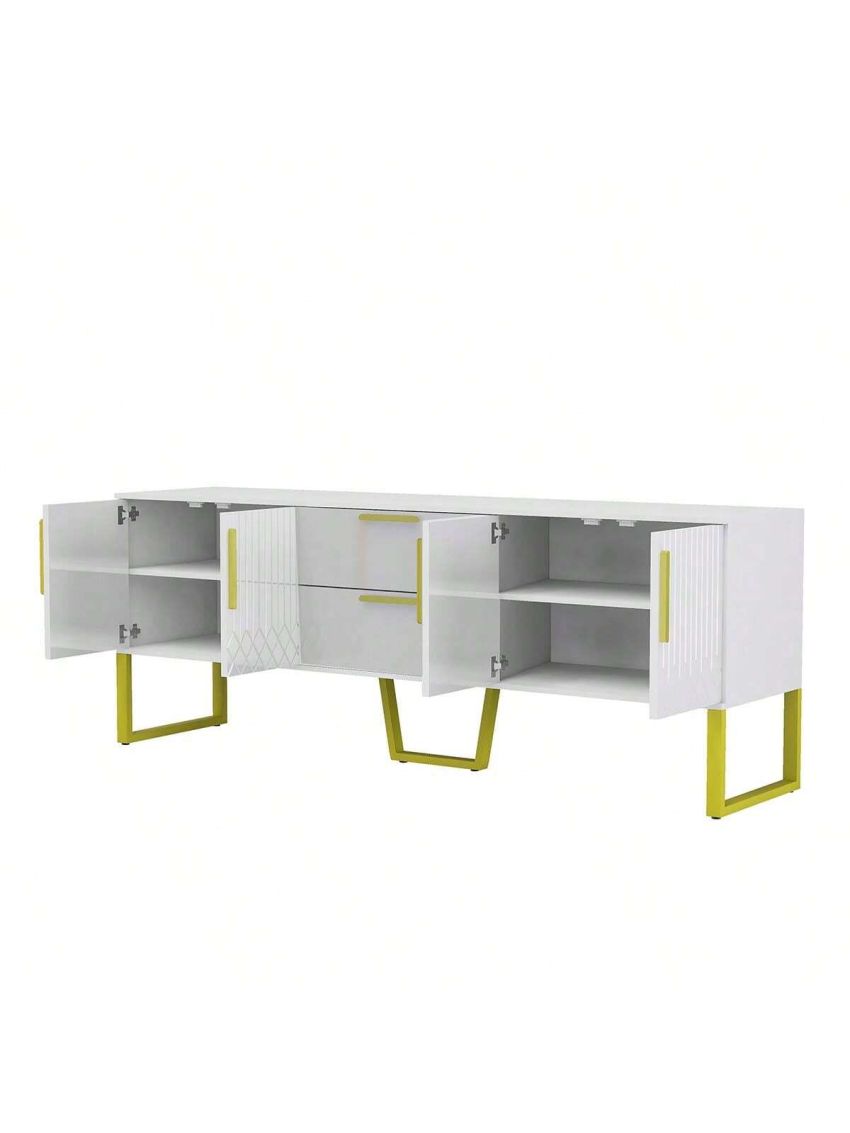 OSQI Modern TV Stand for TVs up to 75 Inches, Storage Cabinet with Drawers and Cabinets, Wood TV Console Table with Metal Legs and Handles for Living Room, White