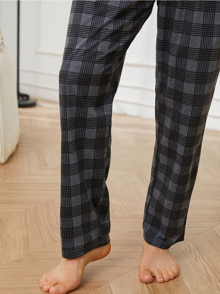 Men Solid Tee & Plaid Print Pants PJ Set