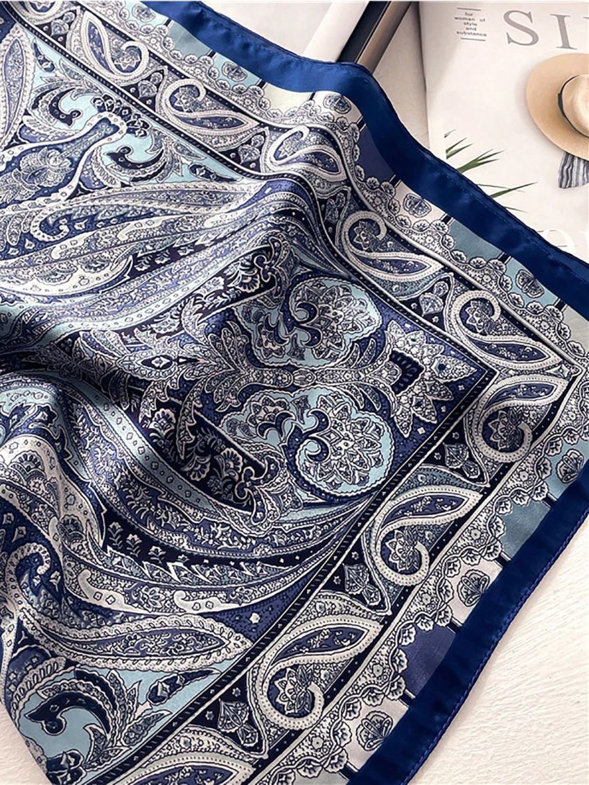 1pc Navy Blue Women's Cashew Print Square Scarf, Silk Headscarf For Daily Wear