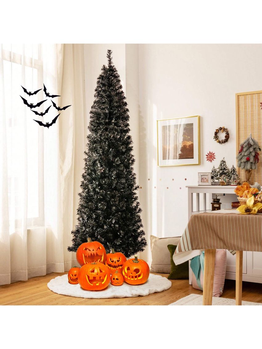 Gymax 6/7 FT Pre-lit Black Christmas Tree Artificial PVC Slim Pencil Halloween Tree