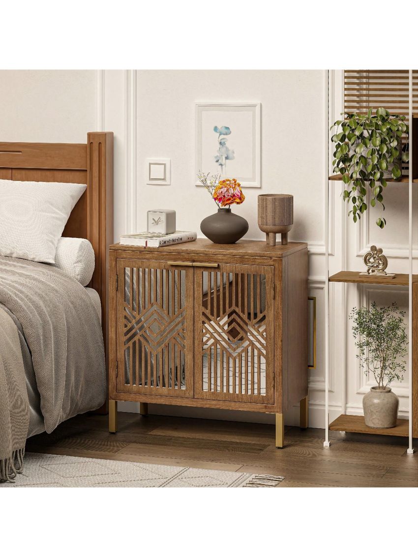 COZAYH Farmhouse Storage Cabinet Accent Mirror Fronts Sideboard Wood Buffet Cabinet with 2-Door for Living Room, Entryway, Bedroom, Kitchen