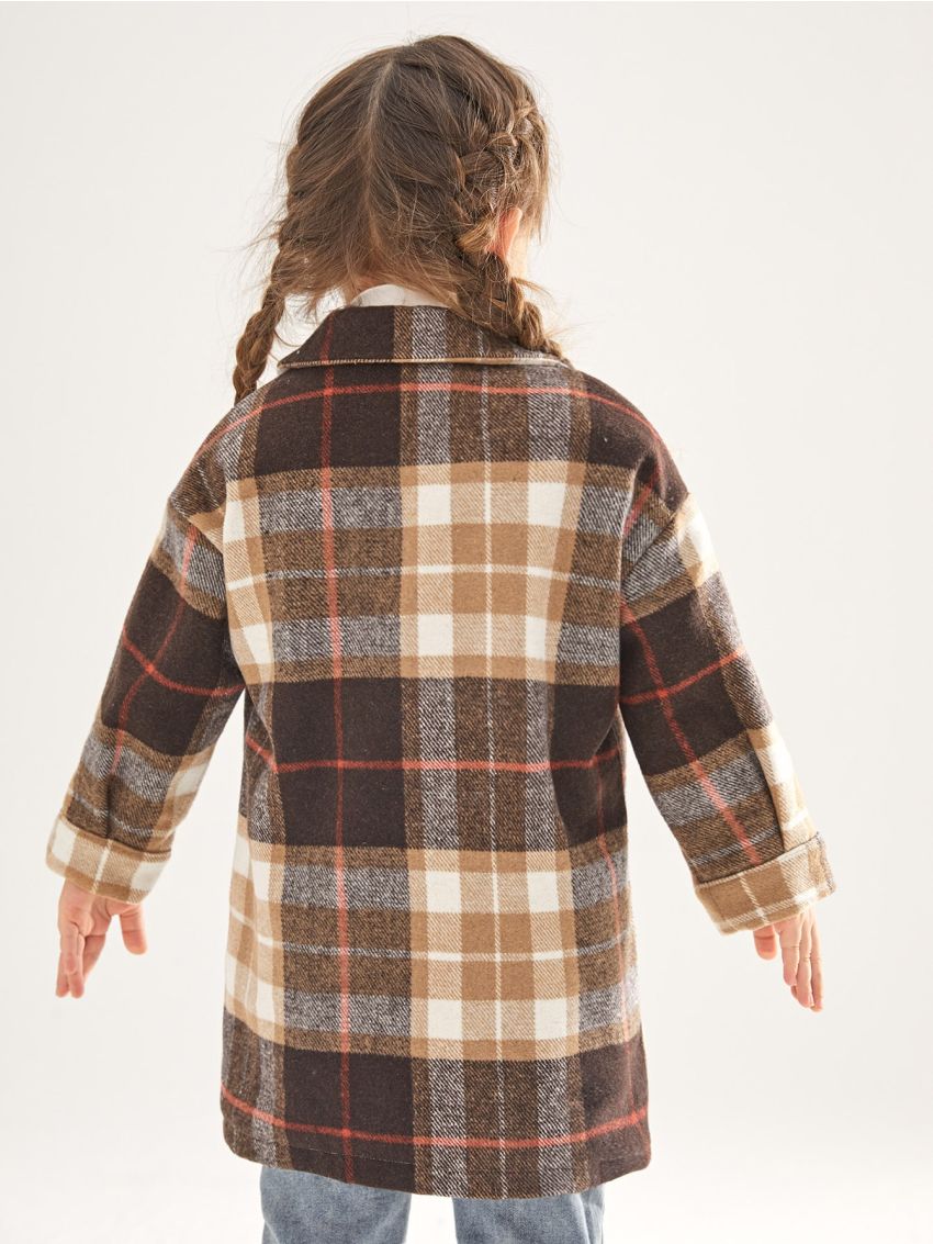 SHEIN Toddler Girls Plaid Print Flap Pocket Drop Shoulder Overcoat