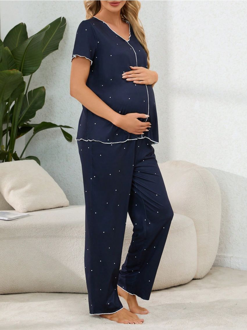 Maternity Contrast Trim Polka Dot Printed Pajama Set