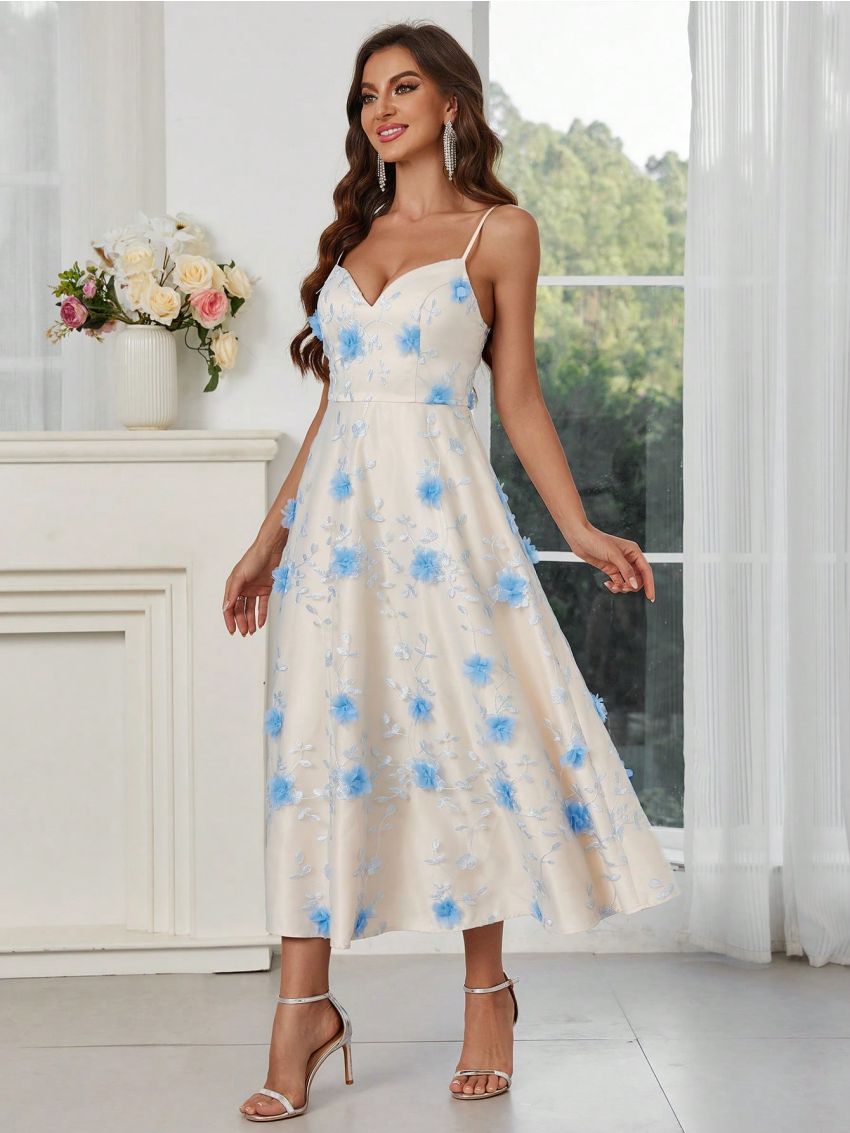 SHEIN Belle 3d Flower Decor Mesh Overlay Spaghetti Strap Party Dress