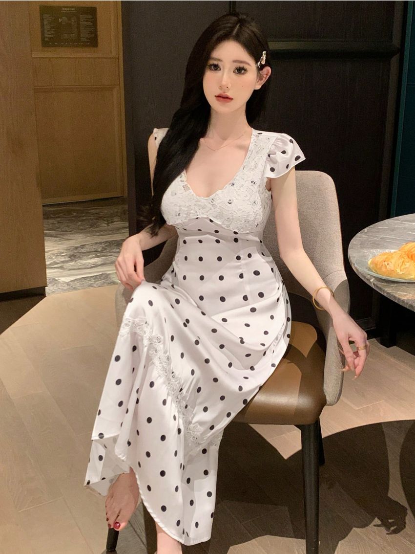 DAZY Women's Satin Polka Dot Pattern Sleep Dress With Lace Splice And Ruffle Hem