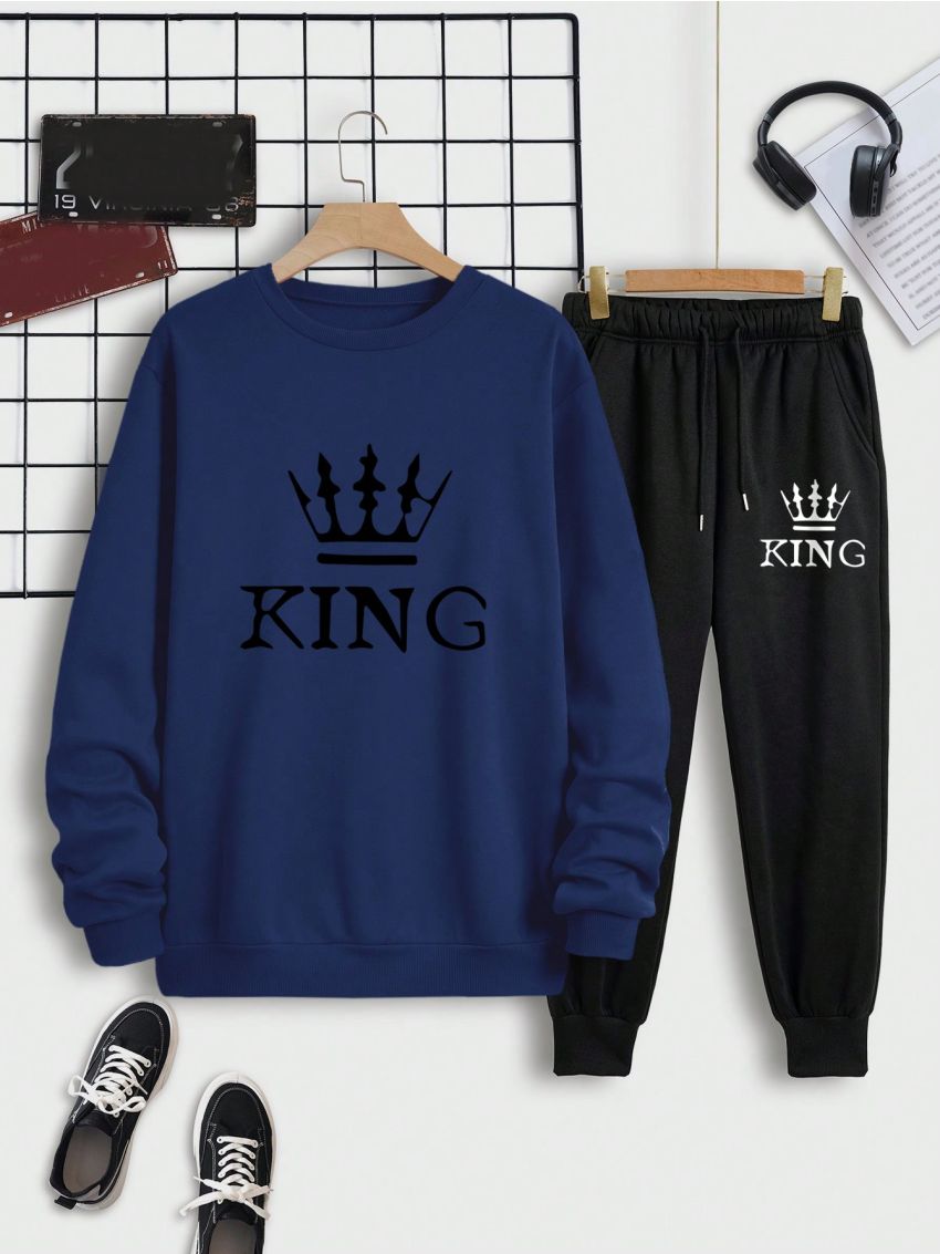 Men's Letter & Crown Printed T-shirt And Sweatpants Set