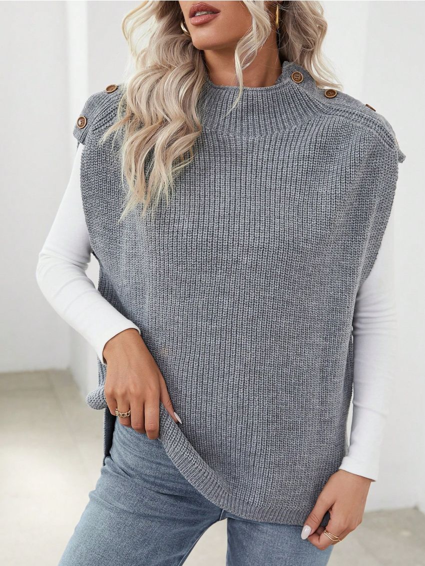 Button Decorated Stand Collar Sweater Vest