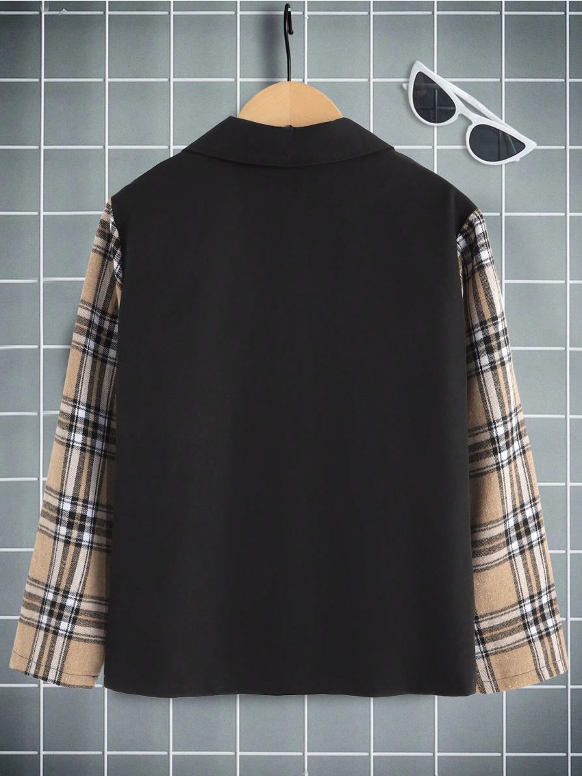 SHEIN Tween Boys' Plaid Patchwork Long Sleeve Shirt
