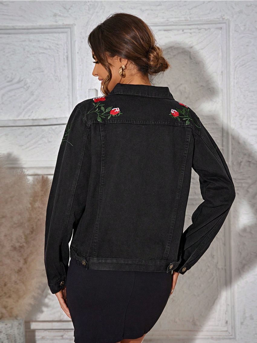 SHEIN LUNE Women'S Denim Jacket With Rose Embroidery