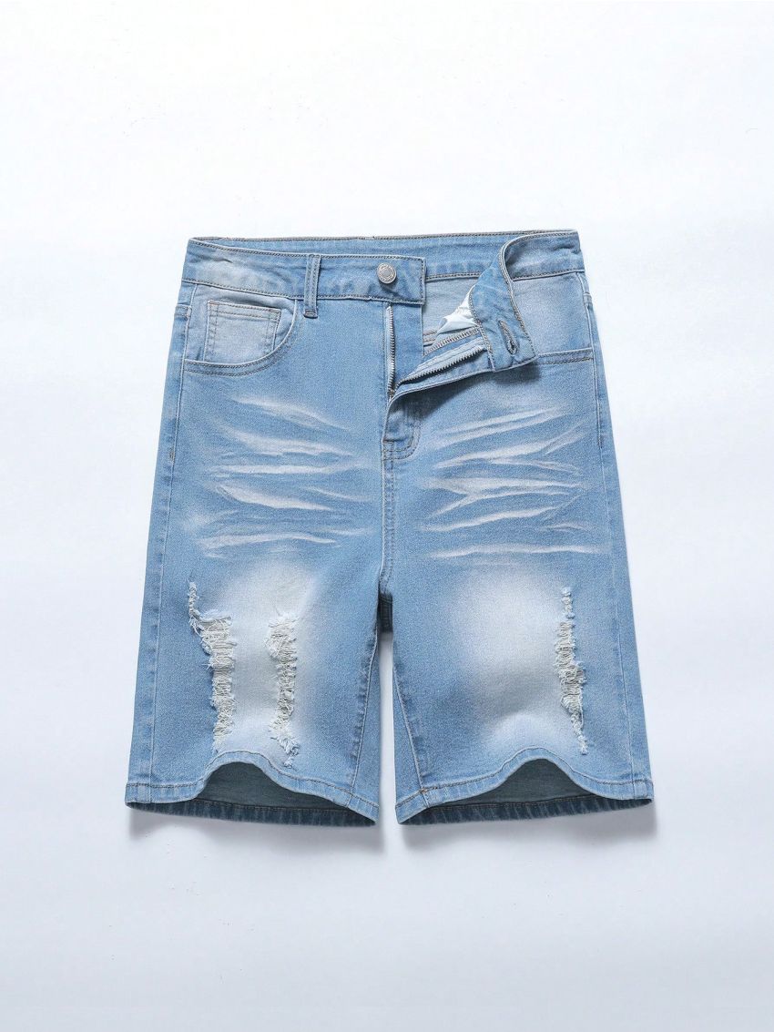 Male Teenagers Stretchy Ripped Denim Shorts With Full Spray And Wrinkled Denim Shorts