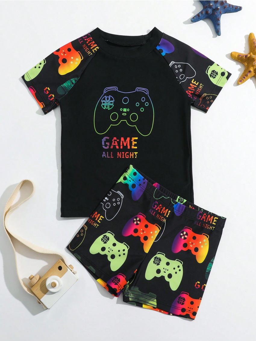 Little Boys' Video Game Console & Letter Print Short Sleeve Shorts Separate Swimwear