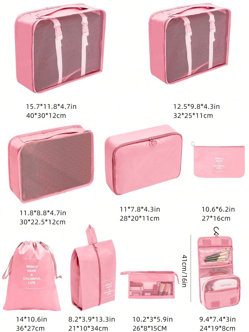 9pcs Slogan Graphic Travel Storage Bag, Modern Polyester Clothes Storage Bag For Travel, Outdoor