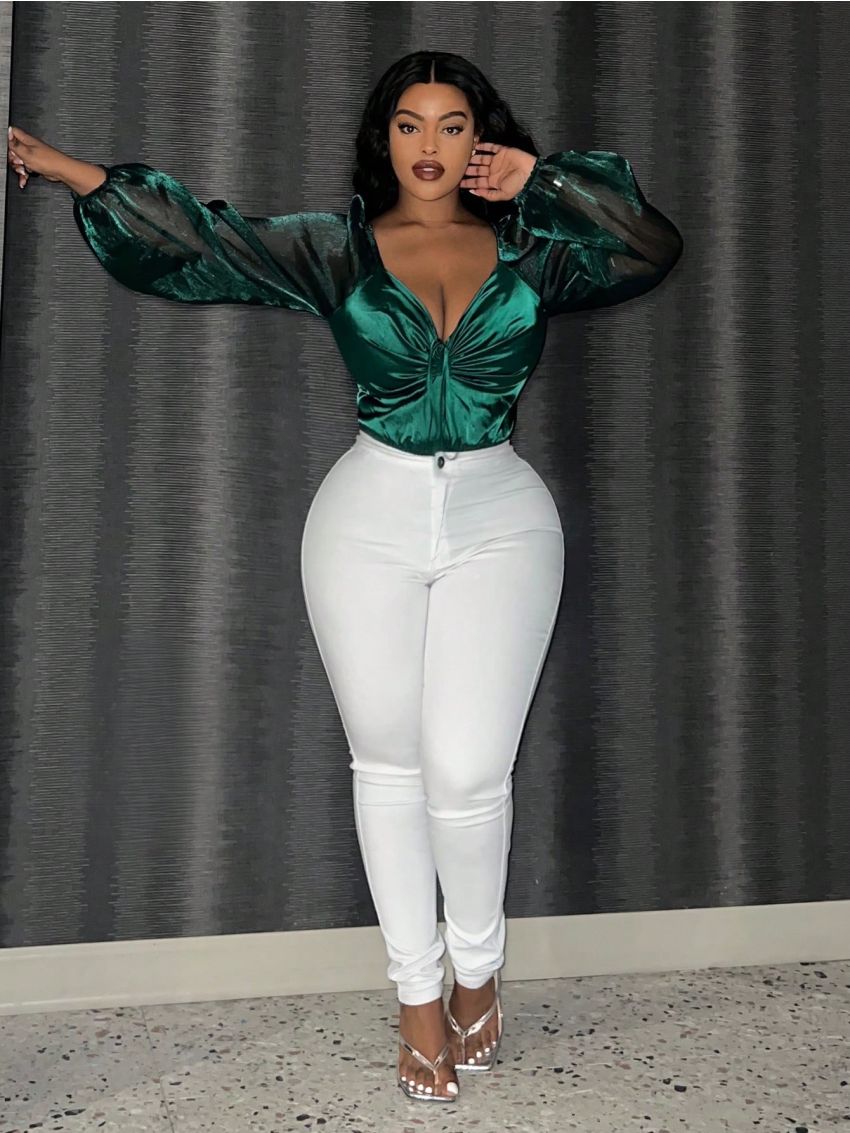 SHEIN Slayr Plus Size Women's Mesh Patchwork Raglan Sleeve Bodysuit