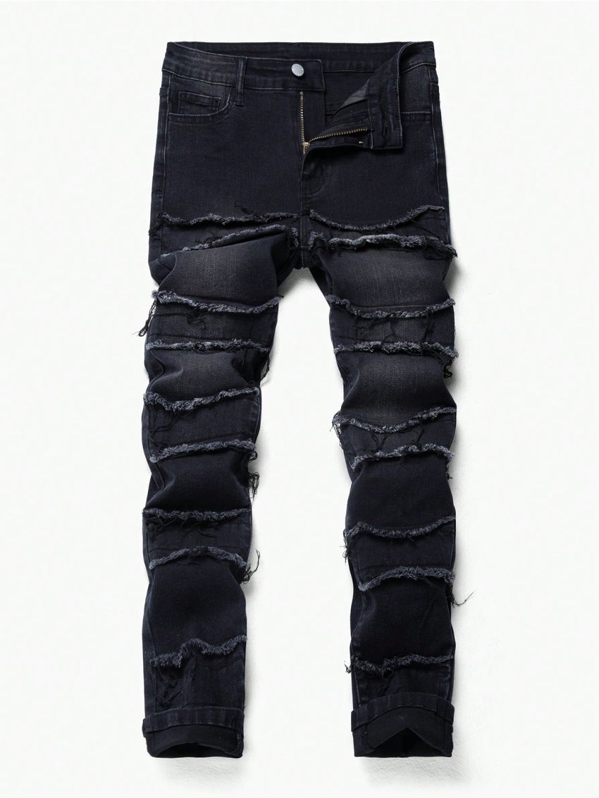 SHEIN Tween Boy Spliced Frayed Denim Jeans