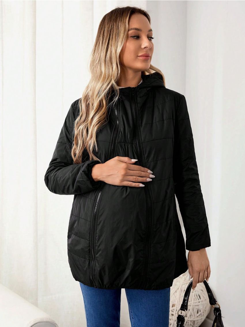 SHEIN Maternity Zip Up Drawstring Hooded Puffer Coat