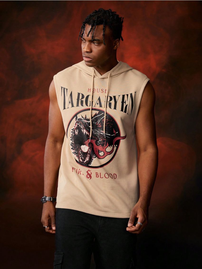 Game of Thrones X SHEIN Men Slogan Print Hooded Tank Top