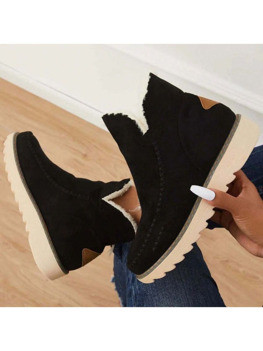 Women's Warm Lined Solid Color Flat Ankle Boots With Thick Soles For Winter
