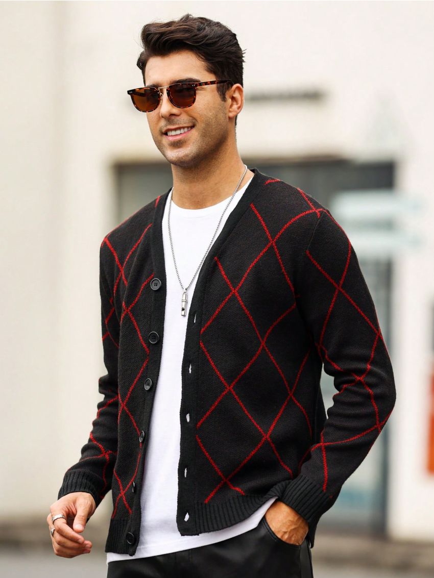 Manfinity Homme Men's Simple Red & Black Plaid Cardigan