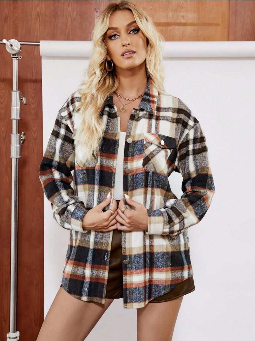 Plaid Print Drop Shoulder Flap Pocket Coat