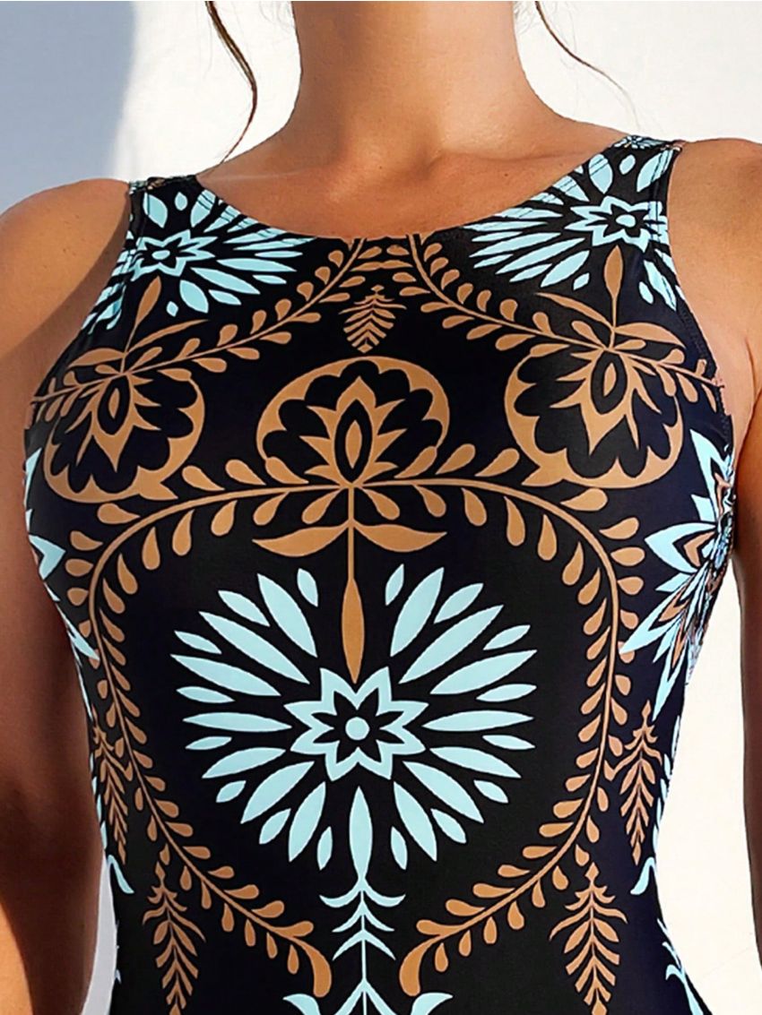 SHEIN Swim Summer Beach Plants Print One Piece Swimsuit