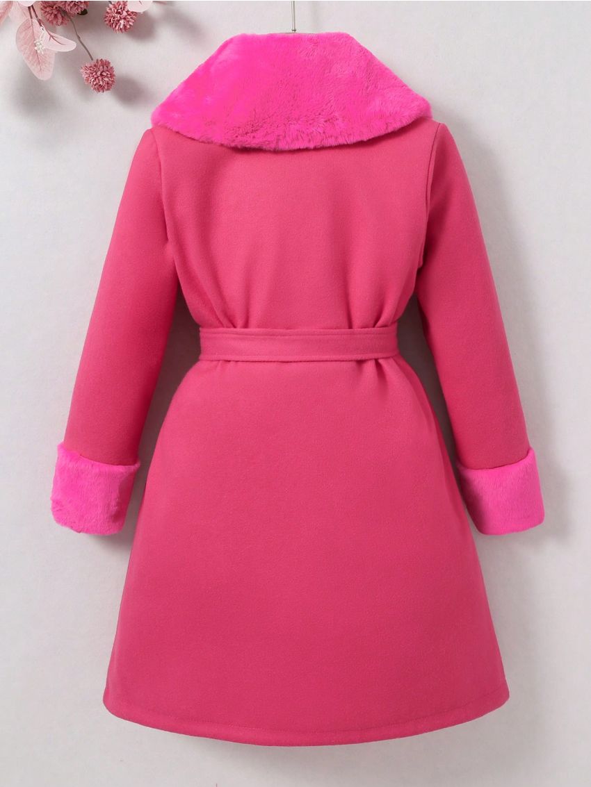 Tween Girl 1pc Borg Collar Double Breasted Belted Overcoat