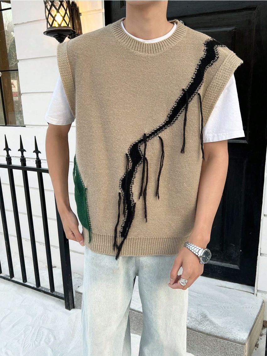 Manfinity Men's Loose Fit Color Block Round Neck Sweater Vest