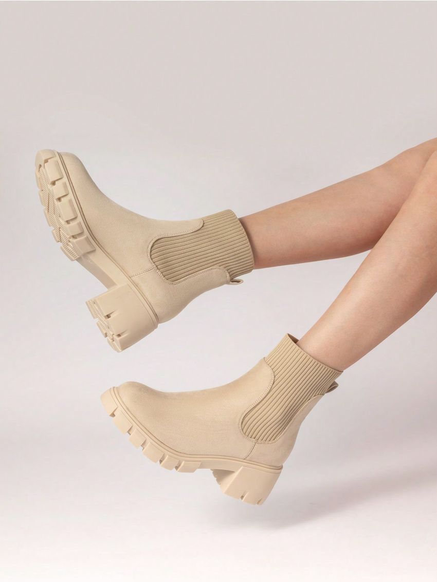 Women's Outdoor Faux Suede 6cm Chunky Heel Round Toe Slip-resistant & Wear-resistant Chelsea Boots, Autumn & Winter