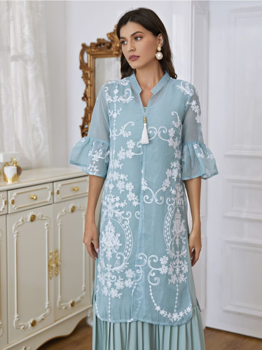 Floral Embroidery Split Tunic With Pleated Hem Dress