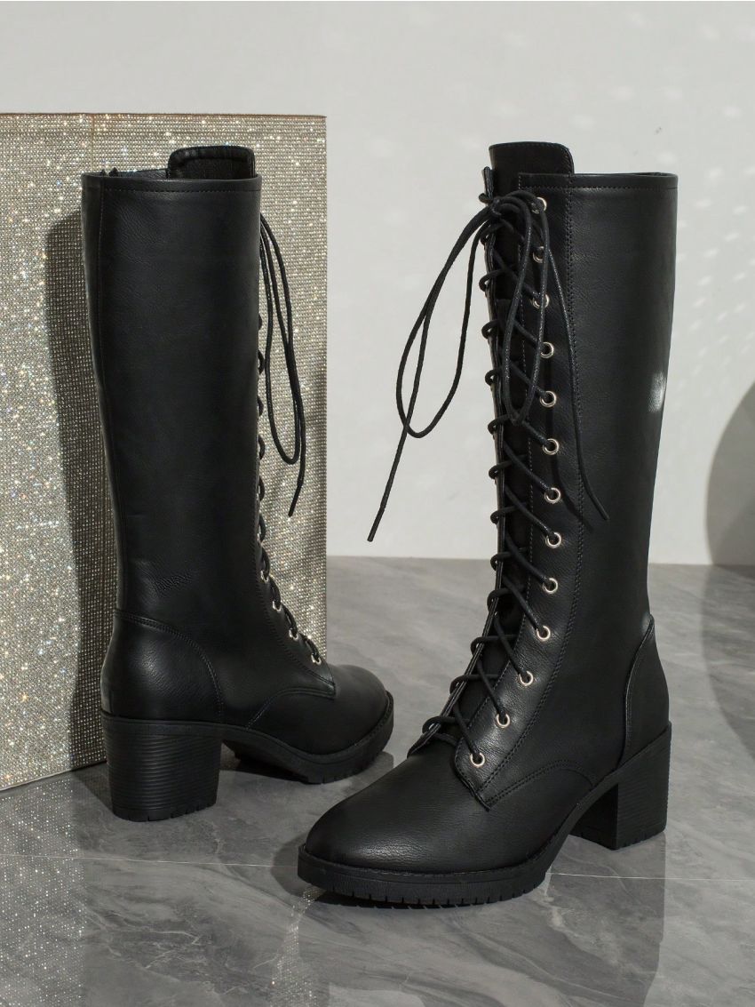 Women's Fashionable Vintage Style High-top Knight Boots With Chunky Heels, Thick Soles, Side Zipper And Buckles