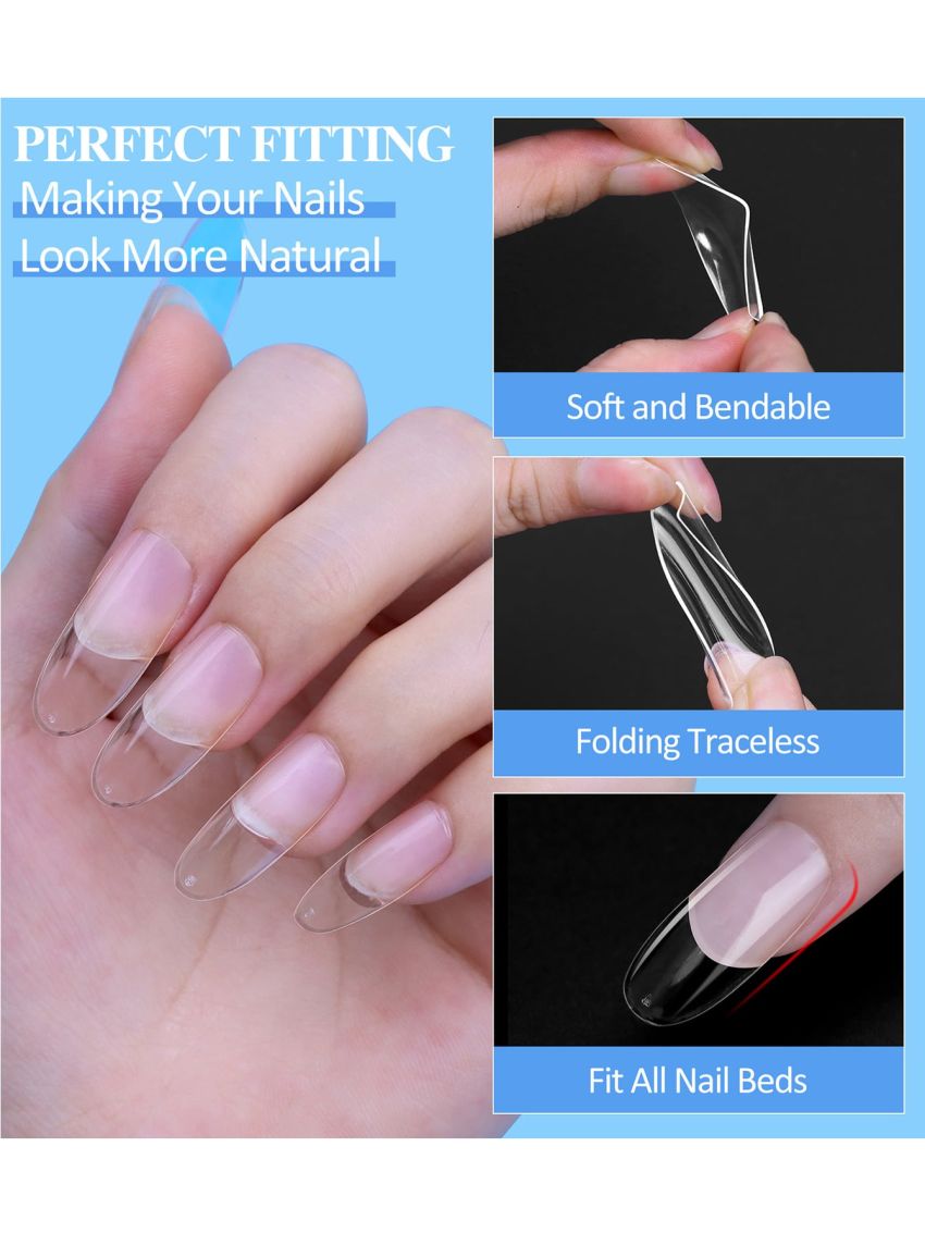 YEVYO Press on Nails Extension Kit with Nail Glue 500 Pcs Round Nail Tips, 3 in 1 Nail Glue Gel Nail Supplies Kit, U V LED Nail Lamp, Acrylic False Nail Tips for DIY Manicure Set