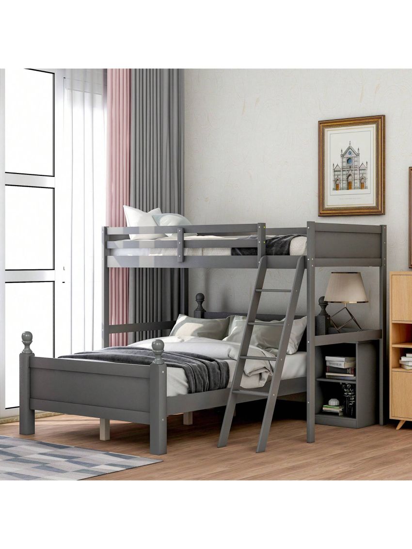 MISSUNNY Twin over Full Loft Bed with Cabinet, Gray