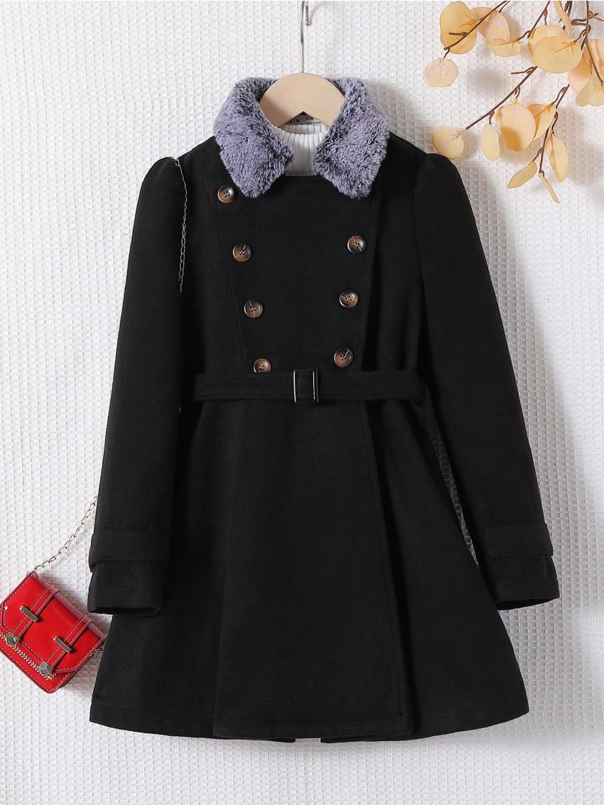 SHEIN Tween Girl Borg Collar Double Breasted Belted Overcoat Without Sweater