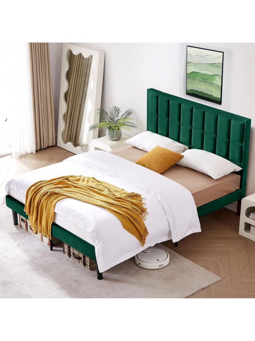 Flolinda Full Size Bed Frame Velvet Upholstered Full Bed Frame with Higher Comfortable Headboard Platform Bed Frame Full Mattress Foundation No Box Spring Needed/Easy Assembly Green
