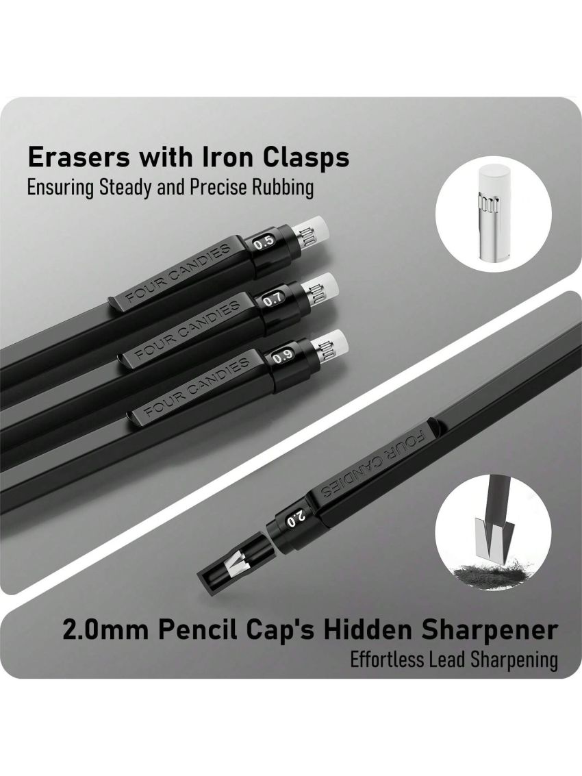 Mechanical Pencil Set Black, 3PCS Metal Lead Pencils 0.5, 0.7, 0.9MM & 2PCS 2MM Art Drafting Pencil Set (4B 2B HB 2H Color) with 420PCS Refills for Writing Sketching Drawing