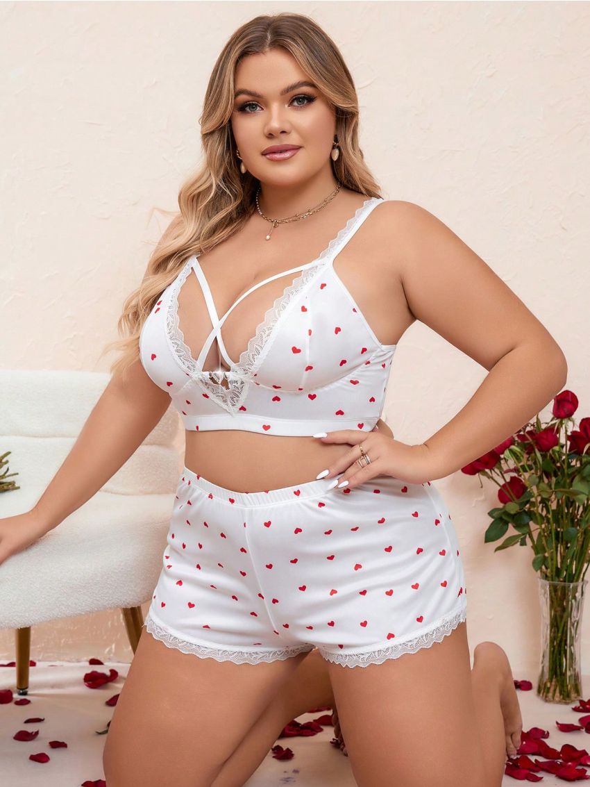 Plus Size Women'S Wire-Free Lingerie Set, Valentine'S Day Edition