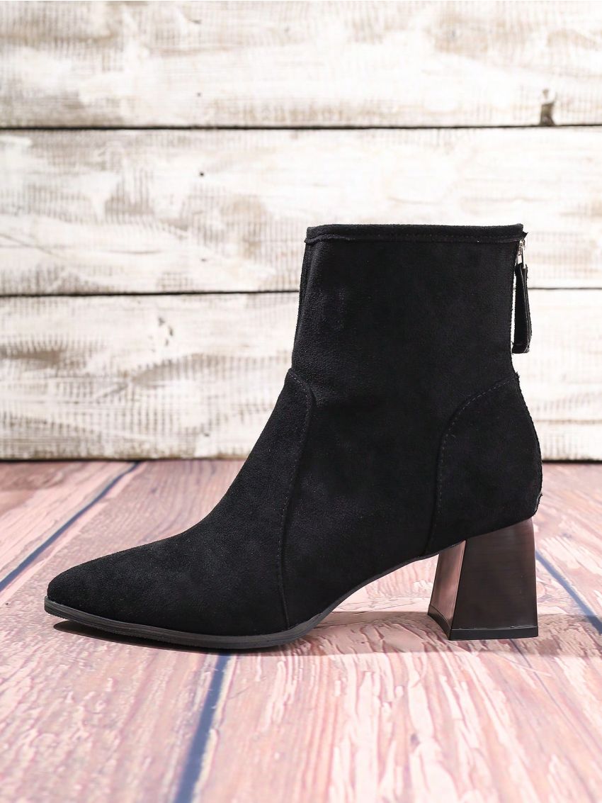 Ladies’ European And American Vintage Street Style Black Flocked High Heel Ankle Boots