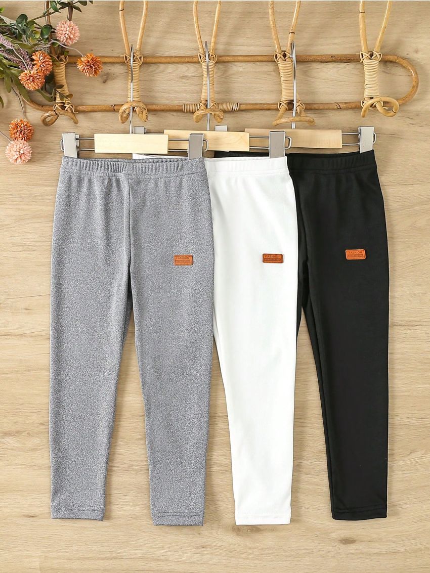 3pcs/Set Young Girls' Solid Color Leggings With Patch, Stretchy Long Pants For Everyday Wear