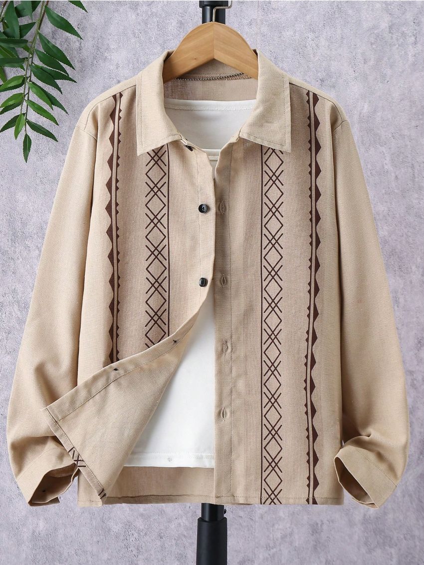 SHEIN Boys' Geometric Print Long-sleeved Shirt